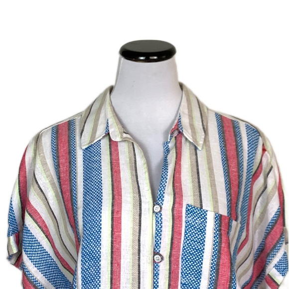 Caffe’ Marrakesh SZ L Striped Linen Blend Short Sleeve Tie Waist Top | NWT - Picture 2 of 15